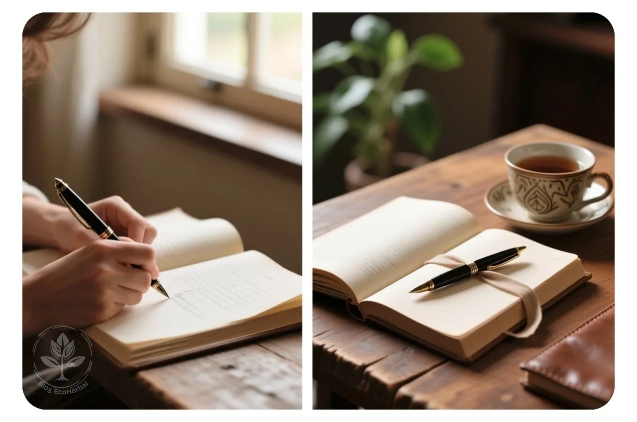 Collage mostrando el proceso de escritura en un diario emocional para la gestión de sentimientos.