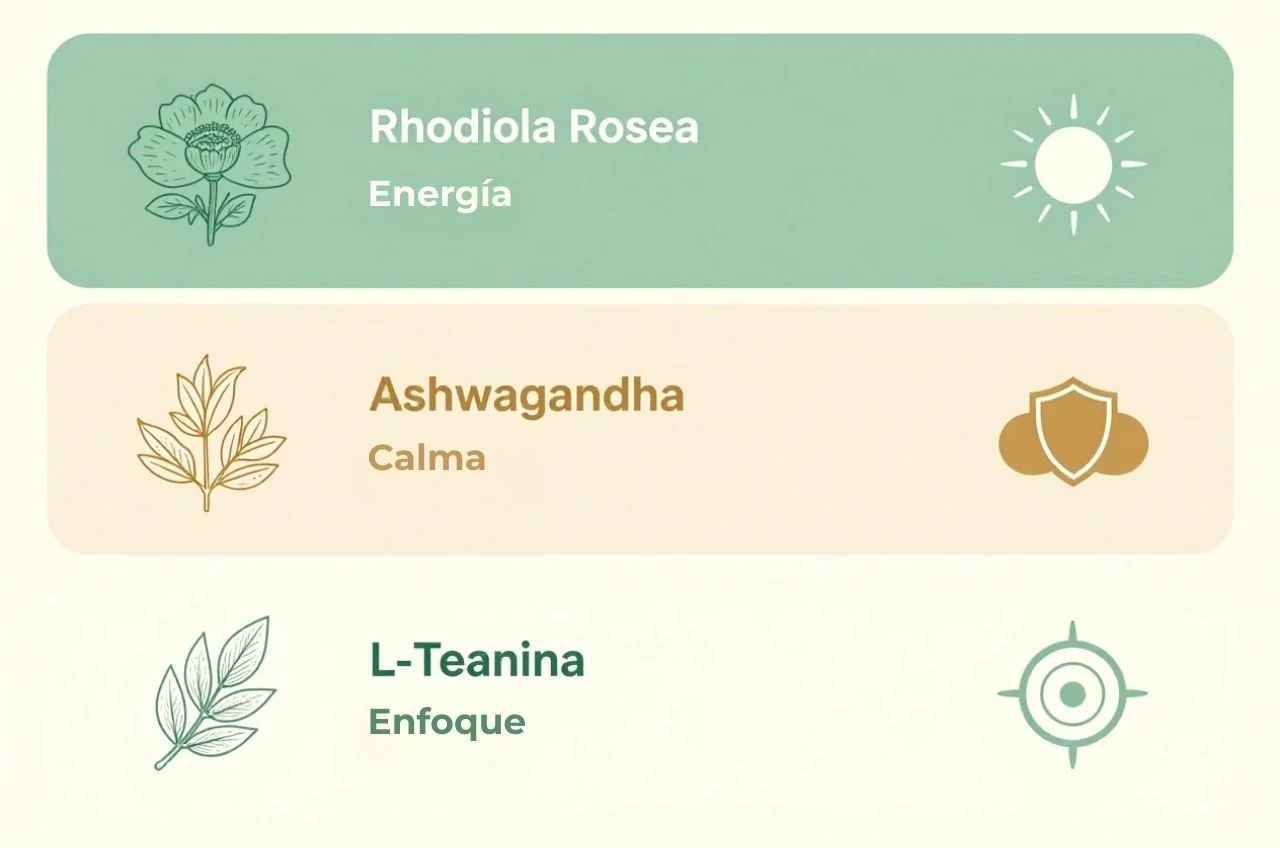 Infografía comparativa sobre los beneficios de Rhodiola, Ashwagandha y L-Teanina.