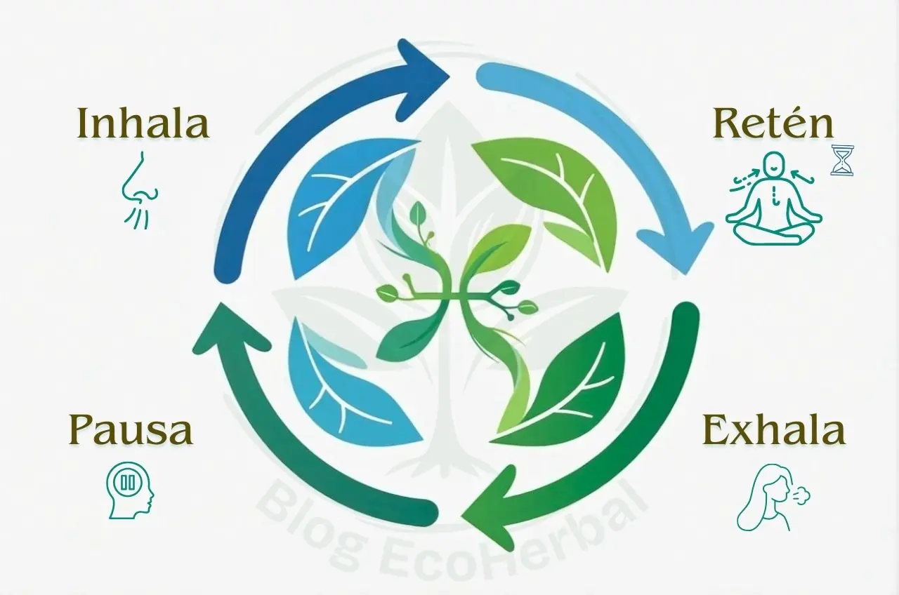 Viñeta gráfica explicando los pasos de la técnica de respiración cuadrada.