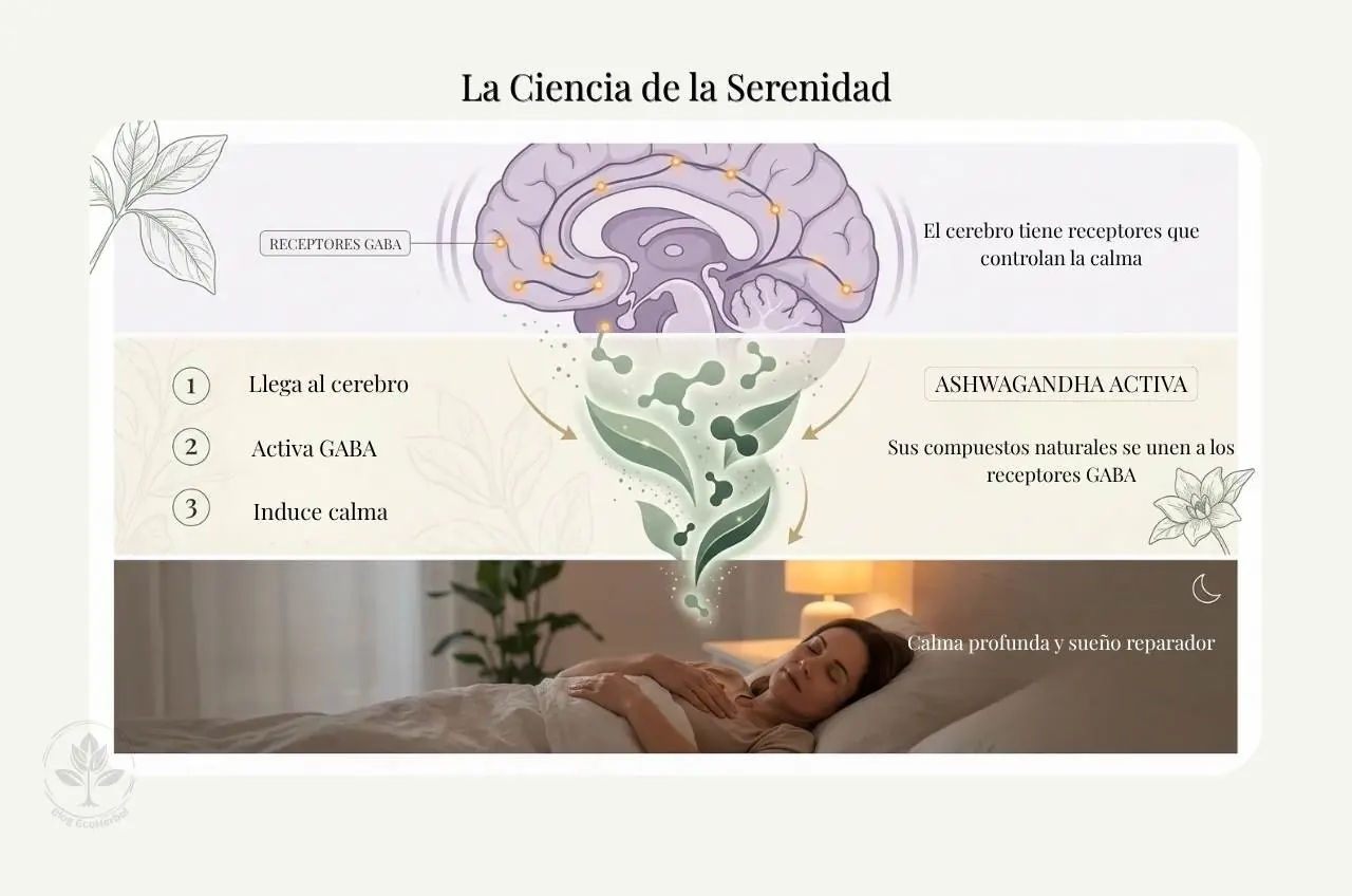 Infografía de tres pasos mostrando cómo la ashwagandha activa los receptores GABA cerebrales para inducir calma y mejorar el sueño.