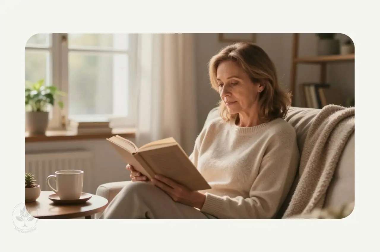 Mujer disfrutando de un momento de paz y equilibrio en su hogar.