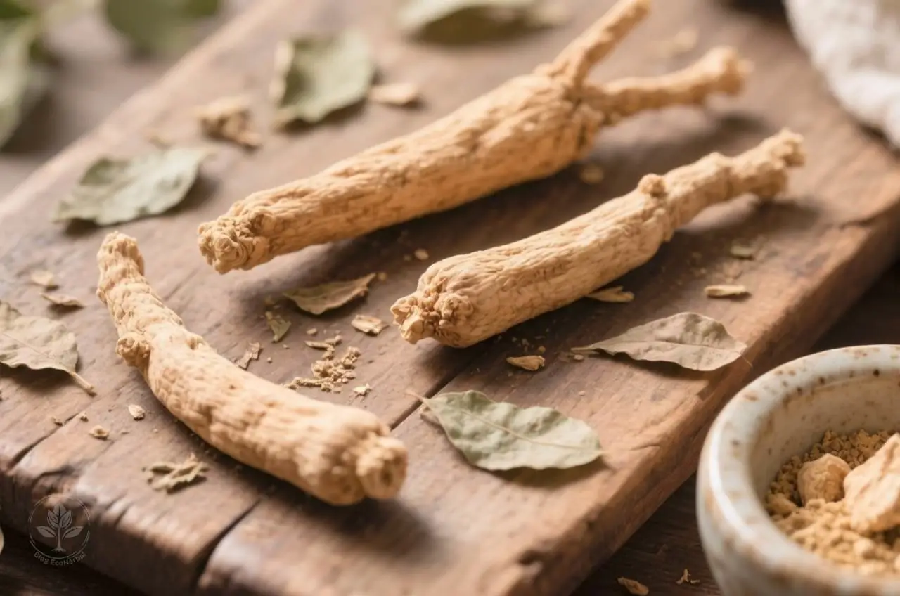 Raíces secas de ashwagandha sobre madera rústica, mostrando el origen natural de este adaptógeno milenario.