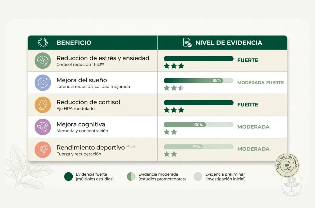 Tabla de beneficios de ashwagandha clasificados por nivel de evidencia científica: estrés, sueño, cortisol, cognición y rendimiento deportivo.