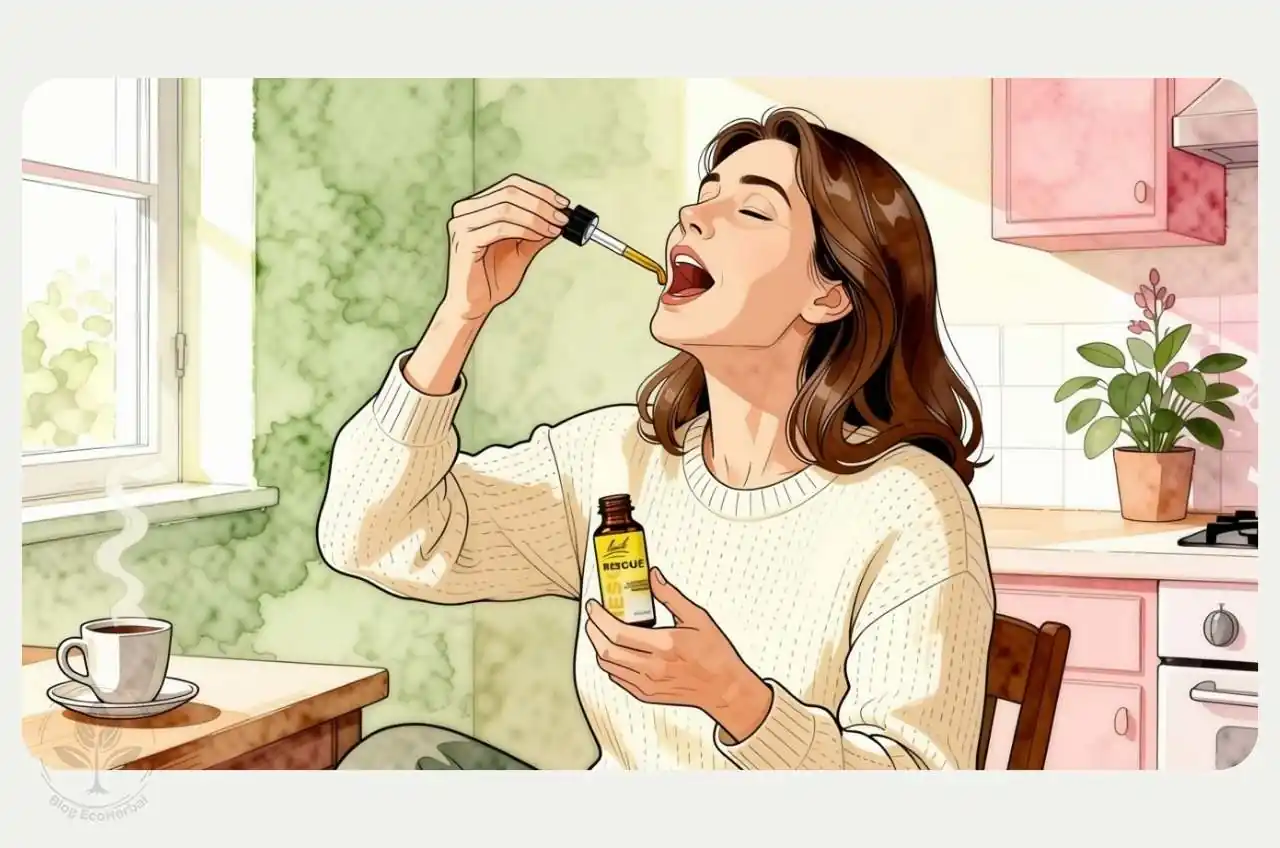 Ilustración de una mujer tomando Rescue Remedy con la pipeta directamente en la boca, mostrando el modo de uso cotidiano y sencillo.