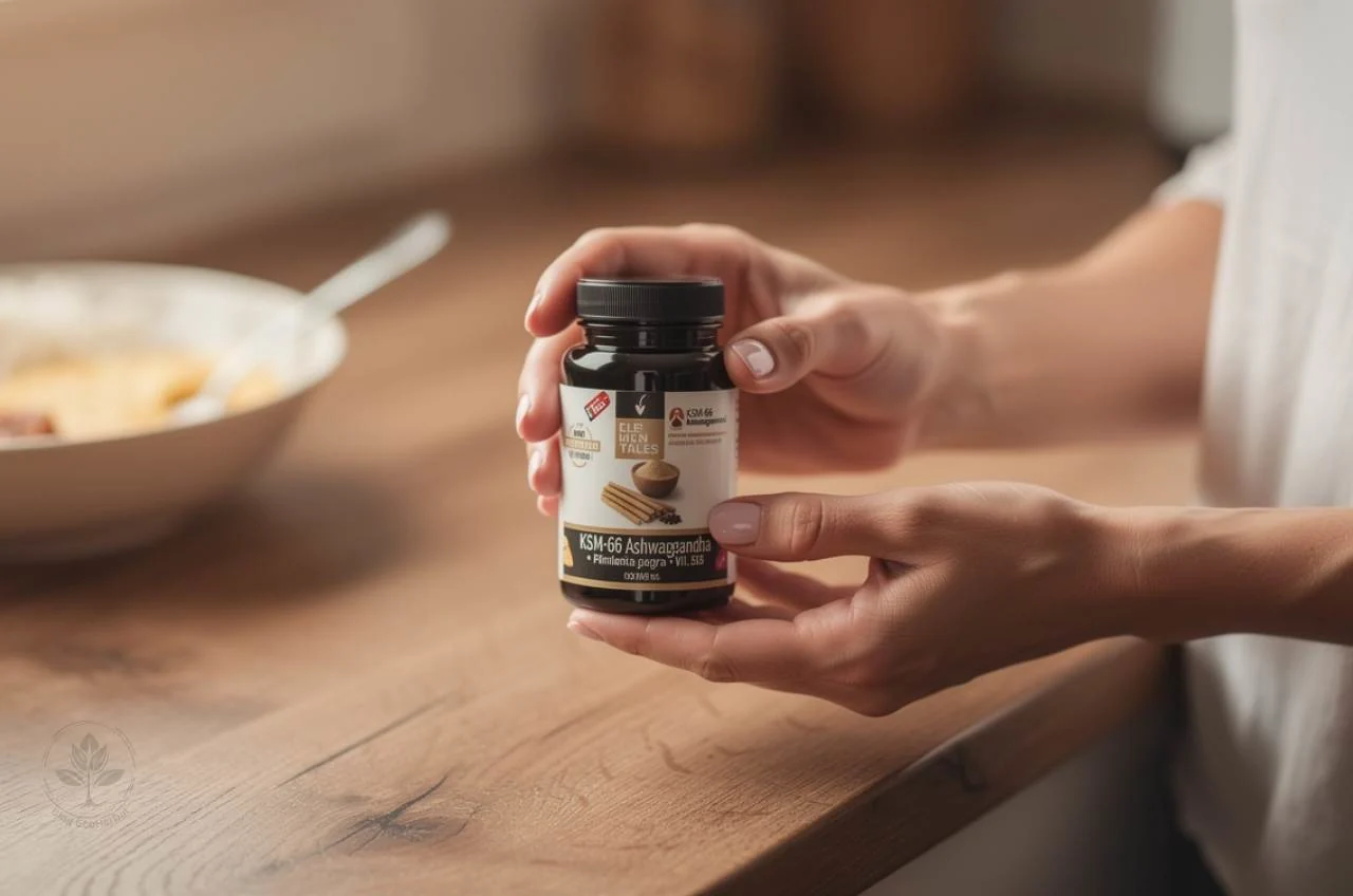 Manos femeninas examinando la etiqueta de un suplemento de ashwagandha de calidad.