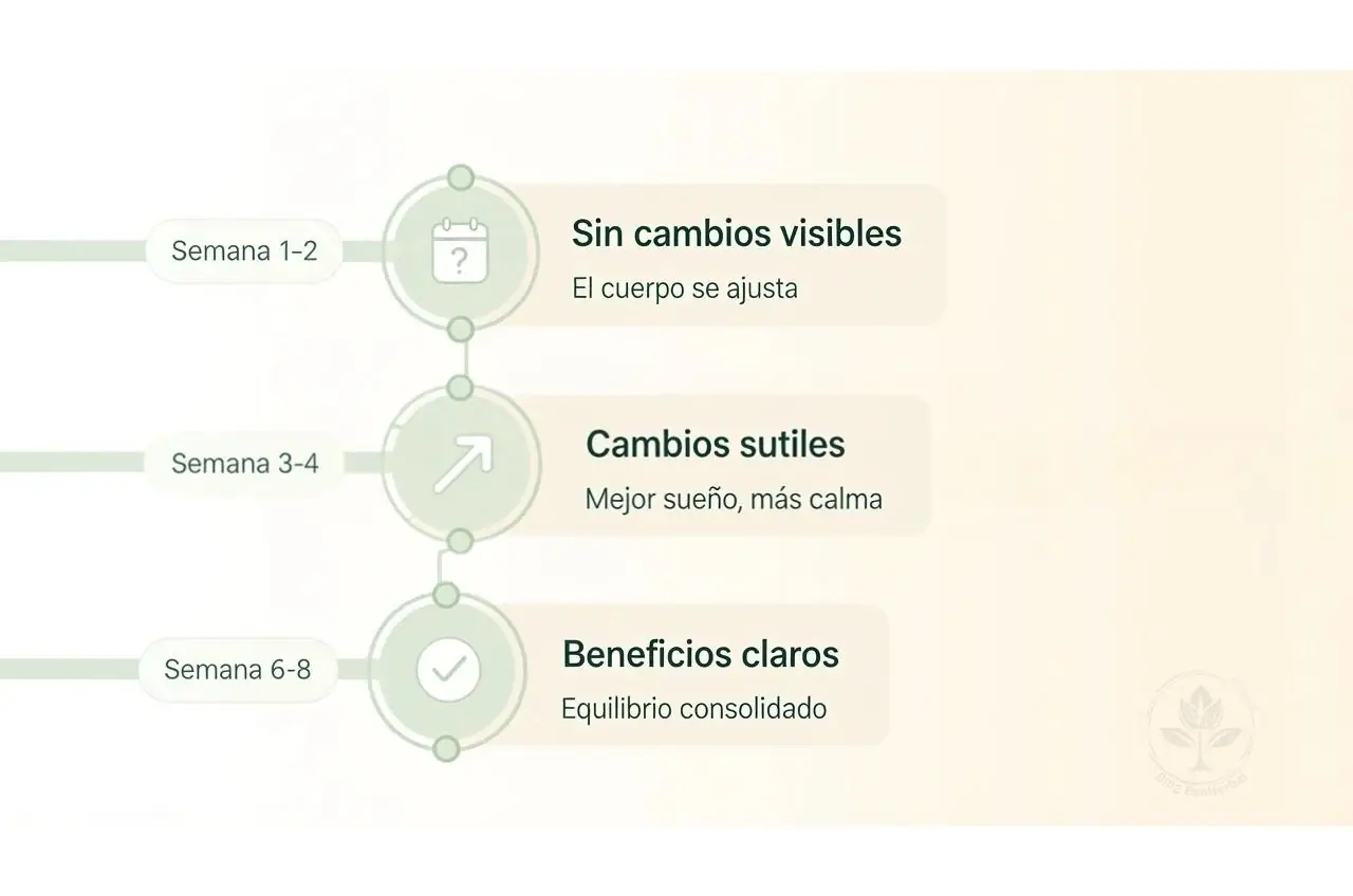 Timeline visual que muestra la progresión de beneficios al tomar adaptógenos de forma consistente.