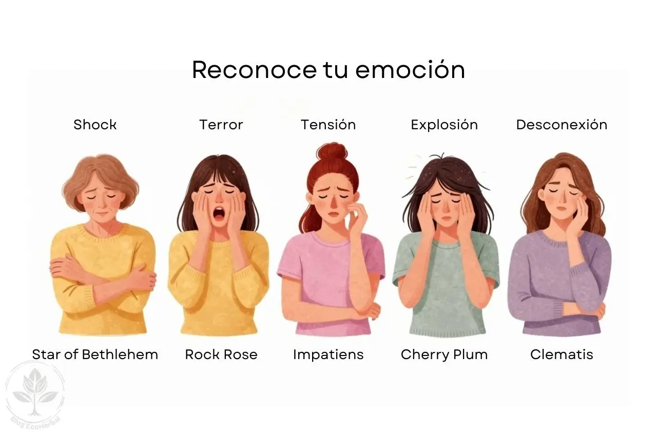 Las cinco flores de Bach del Rescue Remedy representadas por cinco mujeres diferentes con sus emociones: shock, terror, tensión, pérdida de control y desconexión.