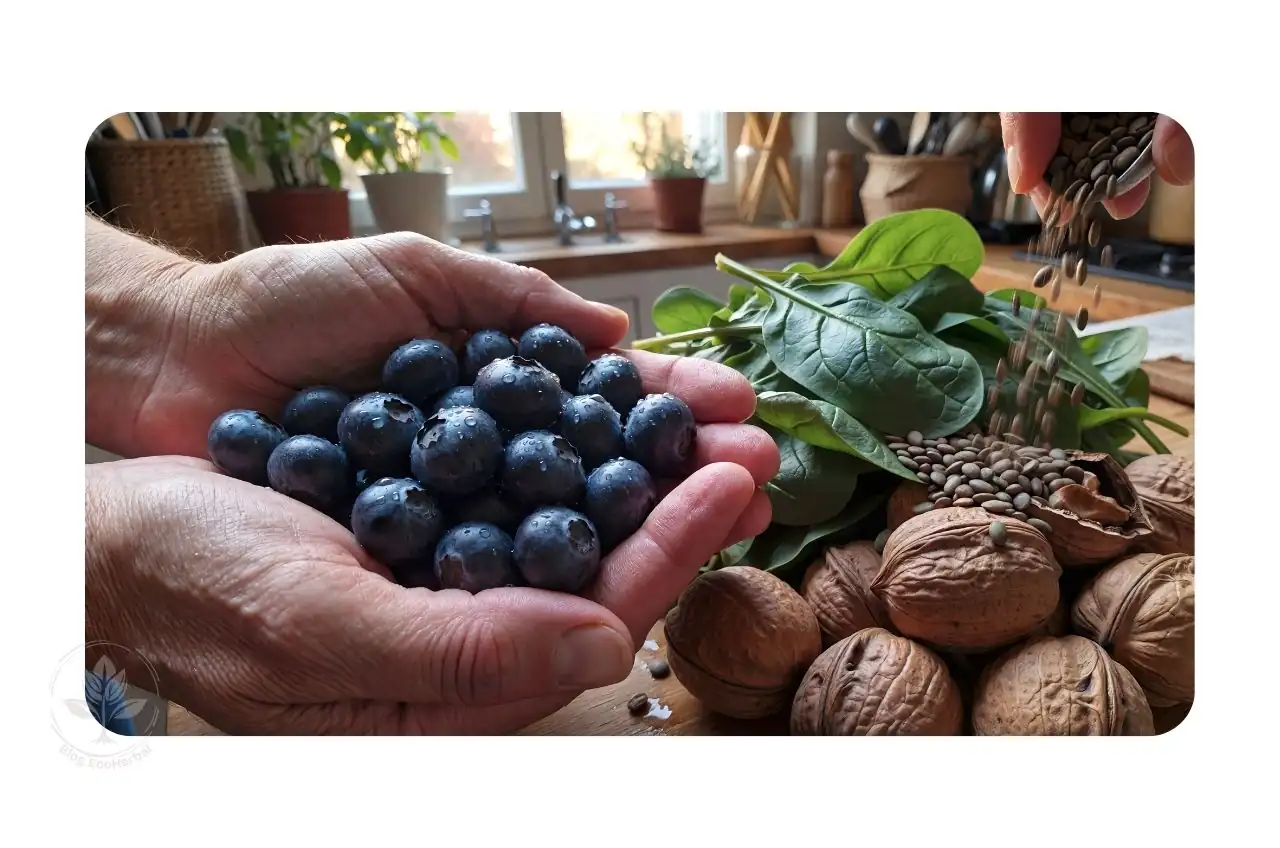 Las Manos que Nutren_ Alimentos para tu Energía – EcoHerbal Manos sosteniendo alimentos naturales energéticos: arándanos, espinacas frescas, nueces y lentejas para combatir la astenia primaveral.
