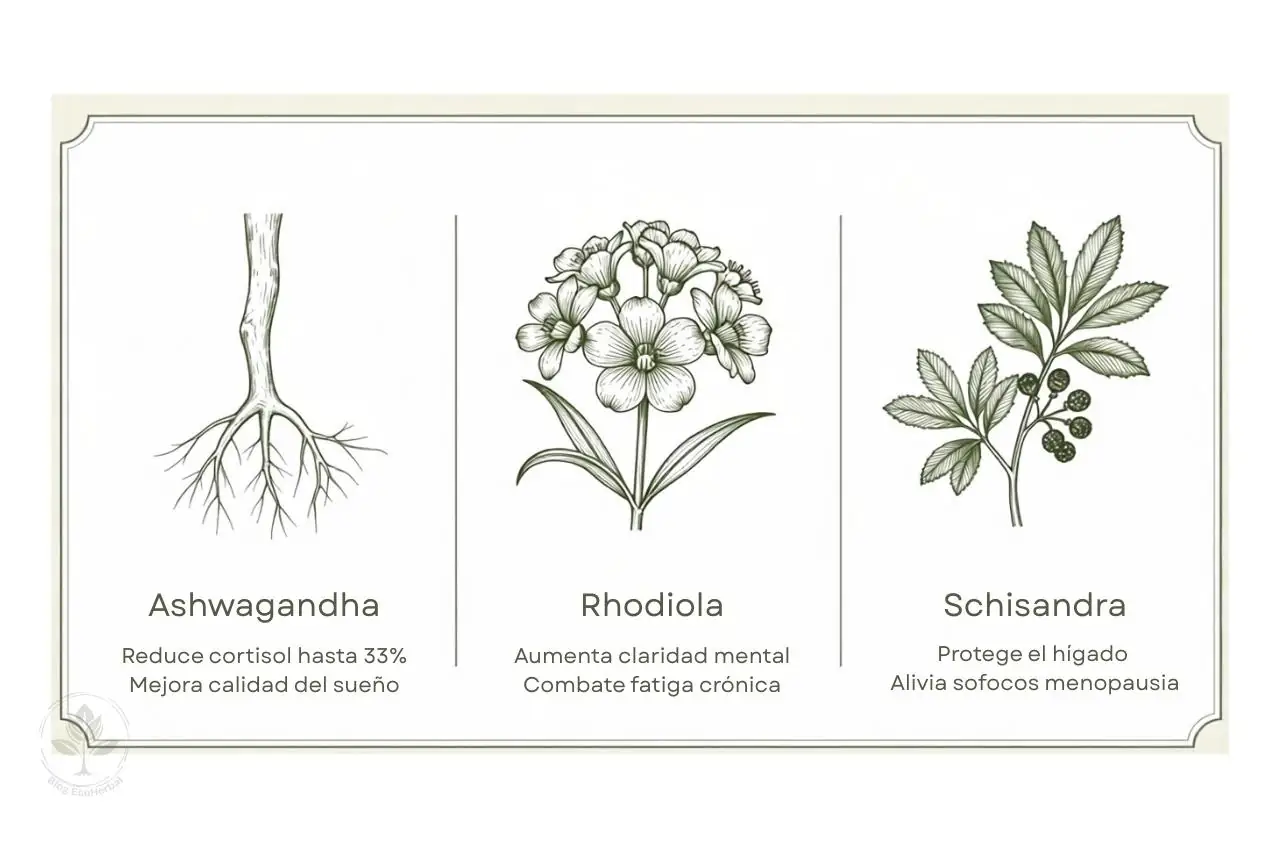 Infografía resumen de los tres adaptógenos principales: Ashwagandha para la calma, Rhodiola para la energía, Schisandra para el equilibrio.