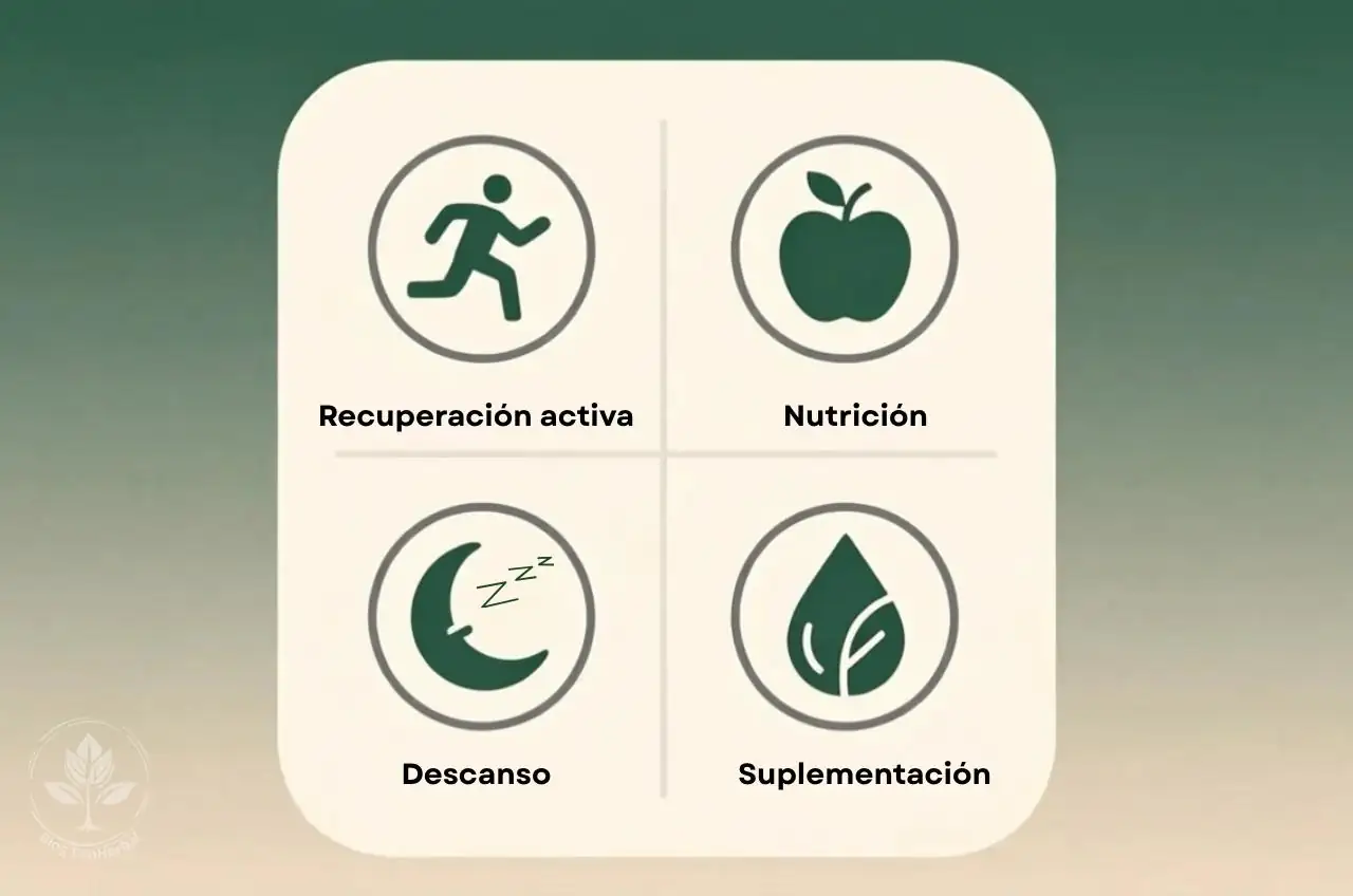 Los 4 Pilares de la Recuperación – Guía Rápida – EcoHerbal Infografía de los cuatro pilares fundamentales para una recuperación muscular efectiva.