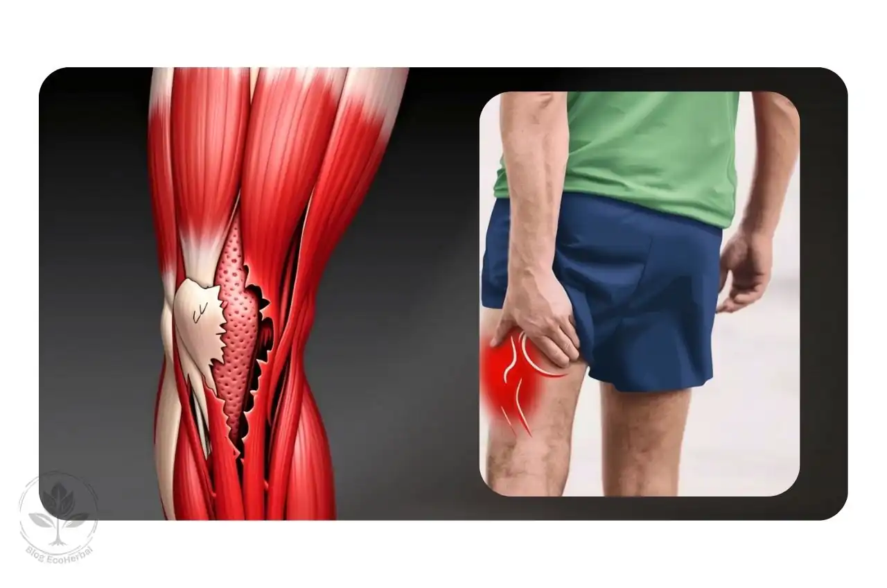 Microdesgarros Musculares – La Ciencia del Dolor – EcoHerbal Visualización artística de microdesgarros en fibras musculares tras el entrenamiento intenso.