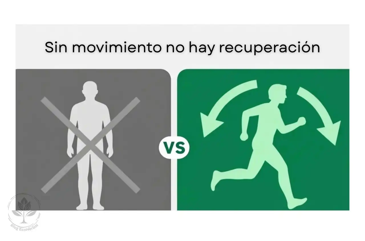 Movimiento = Recuperación – La Ecuación Simple – EcoHerbal Infografía simple que explica la relación directa entre movimiento y recuperación muscular.