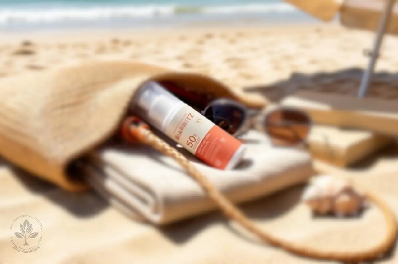 Protector solar mineral Biarritz en entorno de playa natural.