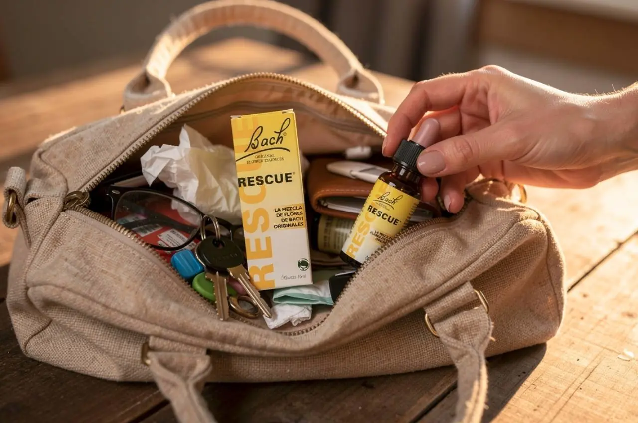 Mano femenina sacando el frasco de Rescue Remedy de un bolso abierto con gafas, móvil, pañuelos y llaves, representando el botiquín emocional de emergencia siempre a mano.