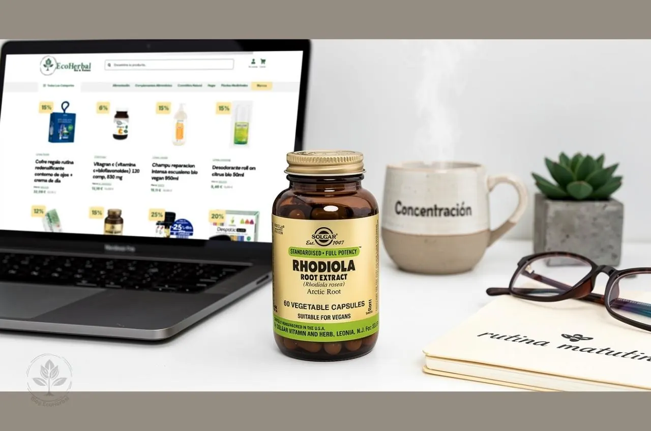 Rhodiola en escritorio de trabajo para claridad mental y productividad