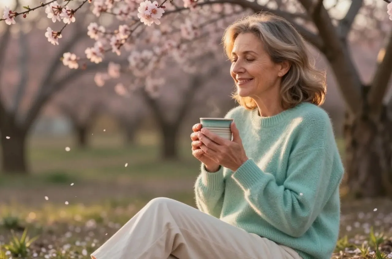 Mujer disfrutando de la serenidad primaveral con una taza de infusión, transmitiendo bienestar y conexión natural.
