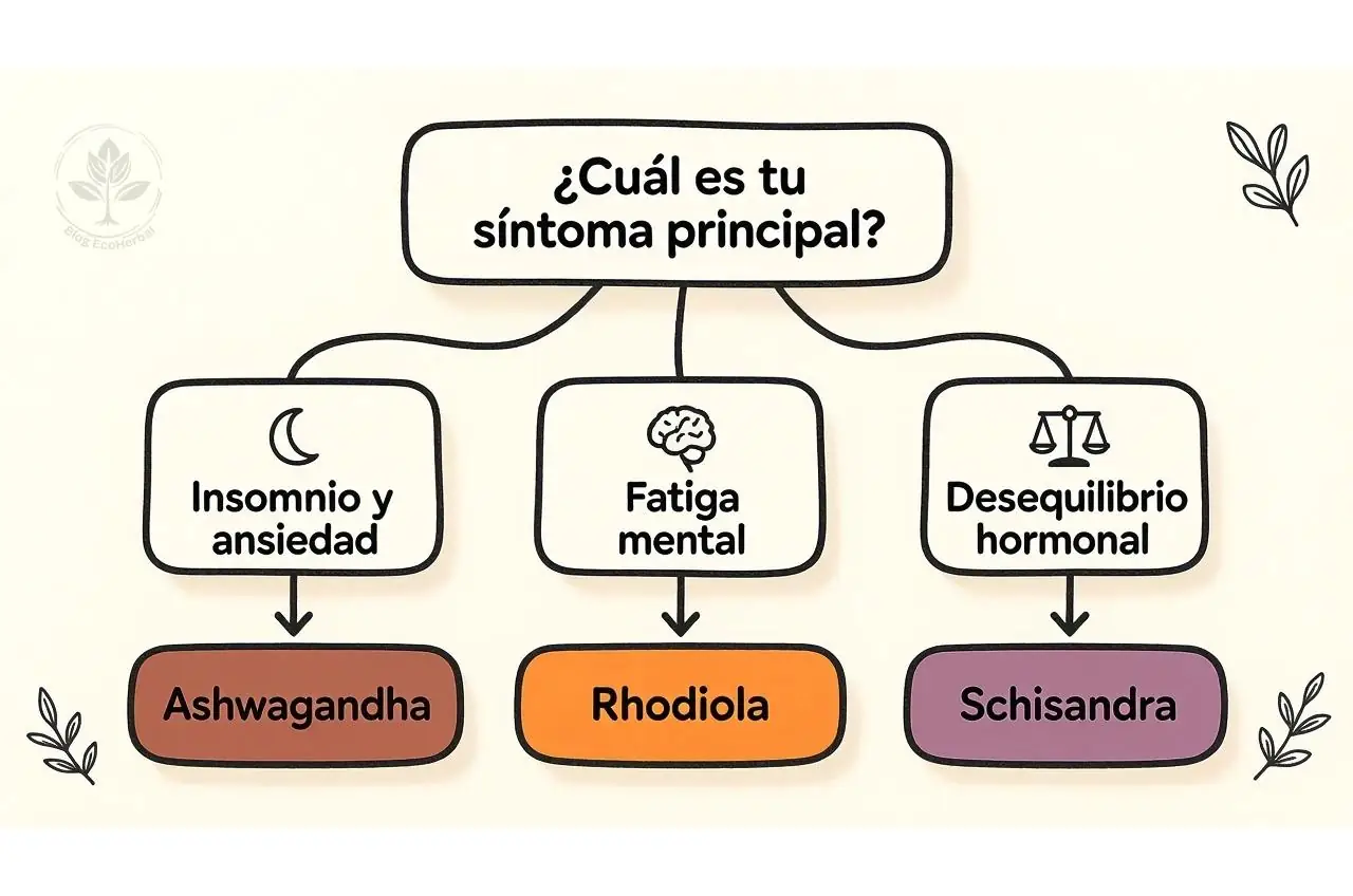 Tabla de decisión rápida para elegir el adaptógeno adecuado según el síntoma principal.