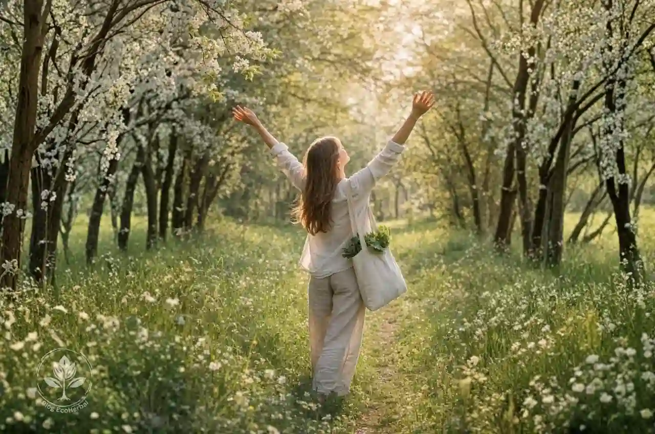 Mujer caminando en la naturaleza durante la primavera para equilibrar emociones.