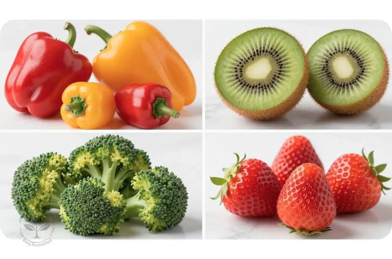 Alimentos ricos en vitamina C como pimientos rojos y kiwi, que actúan como antihistamínicos naturales suaves