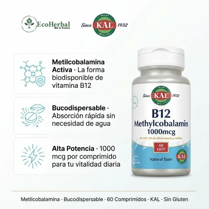 KAL - B12 methylcobalamin 1000mcg 60 comprimidos bucodispersables - Imagen 2