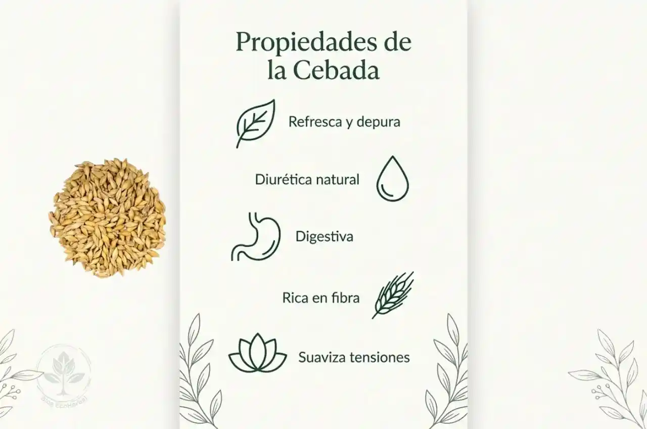 Infografía con las 5 propiedades principales de la cebada para la salud primaveral.