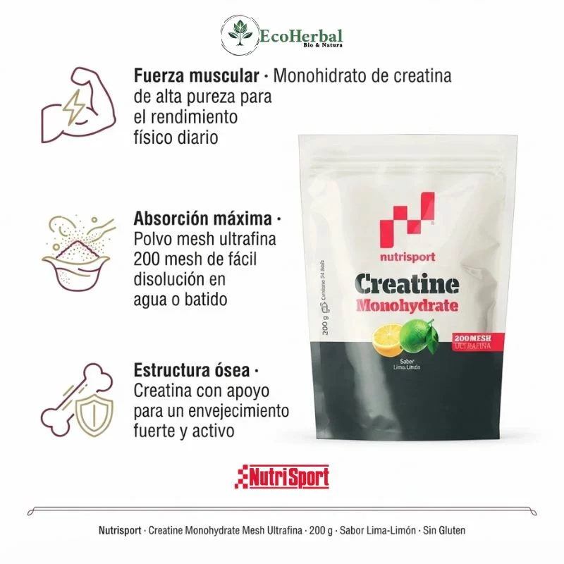 NUTRISPORT - Creatina monohidrato mesh ultrafina lima-limón 200g | muscular - Imagen 2