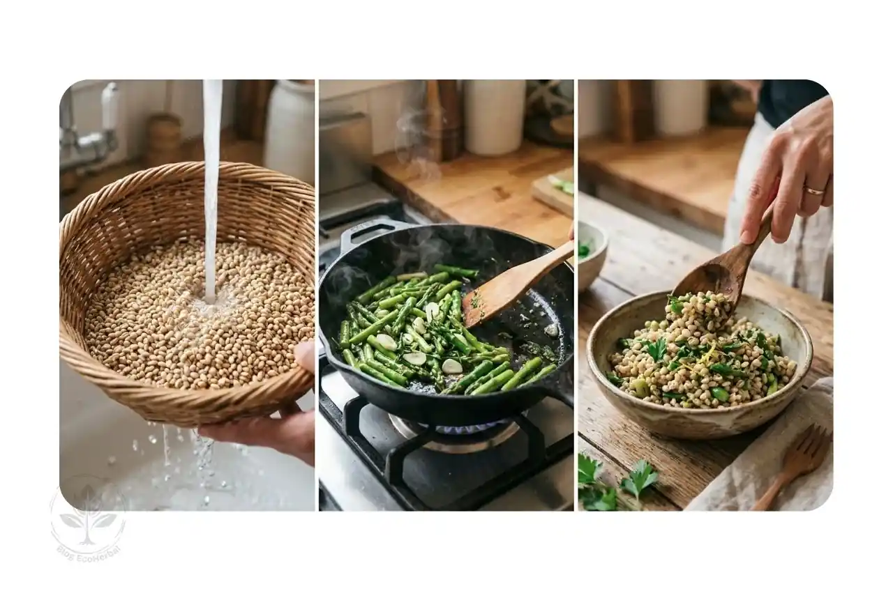 Pasos para cocinar la receta de cebada con espárragos trigueros.