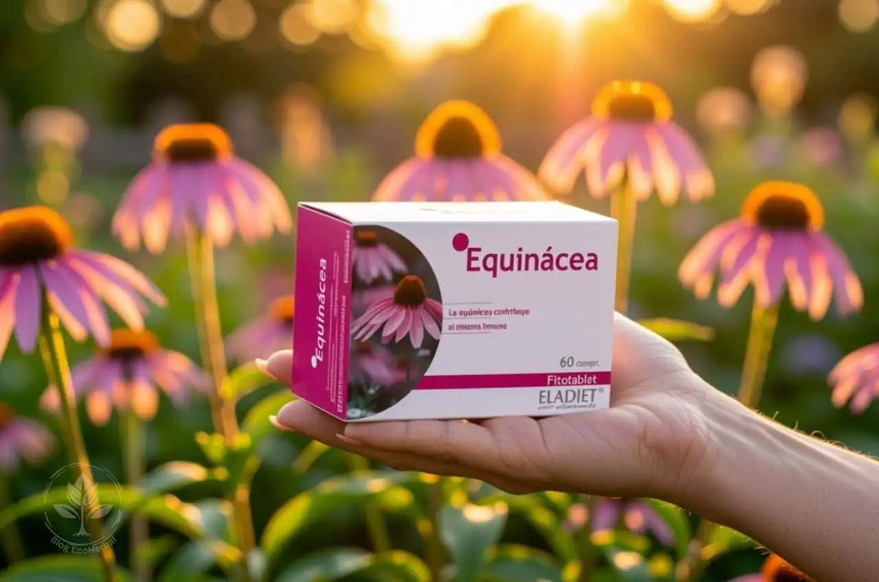 Flor de equinácea (Echinacea purpurea) y suplemento en cápsulas para modular el sistema inmune ante los alérgenos