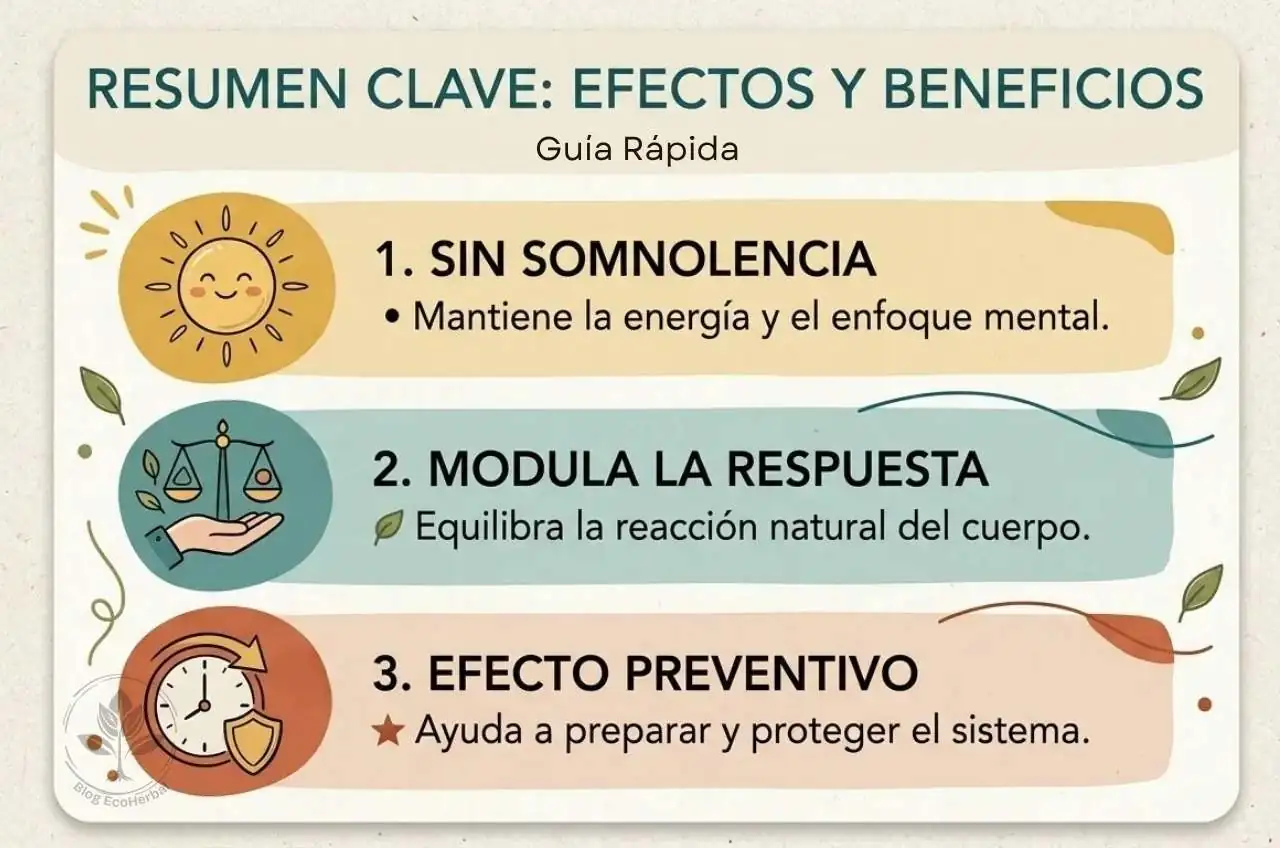 Tarjeta resumen visual comparando antihistamínico químico versus natural sin somnolencia, con iconos de prevención y equilibrio