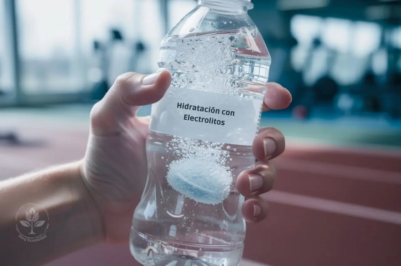 Botella de agua con suplementos de electrolitos disolviéndose para hidratación deportiva.