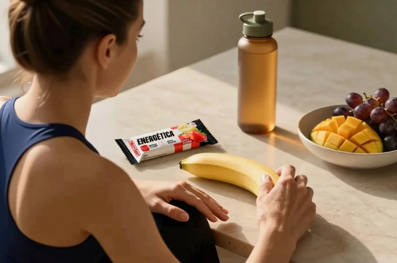 Mujer de 45 años preparando plátano y barrita energética en cocina antes de una maratón con dorsal de carrera y reloj deportivo visibles.