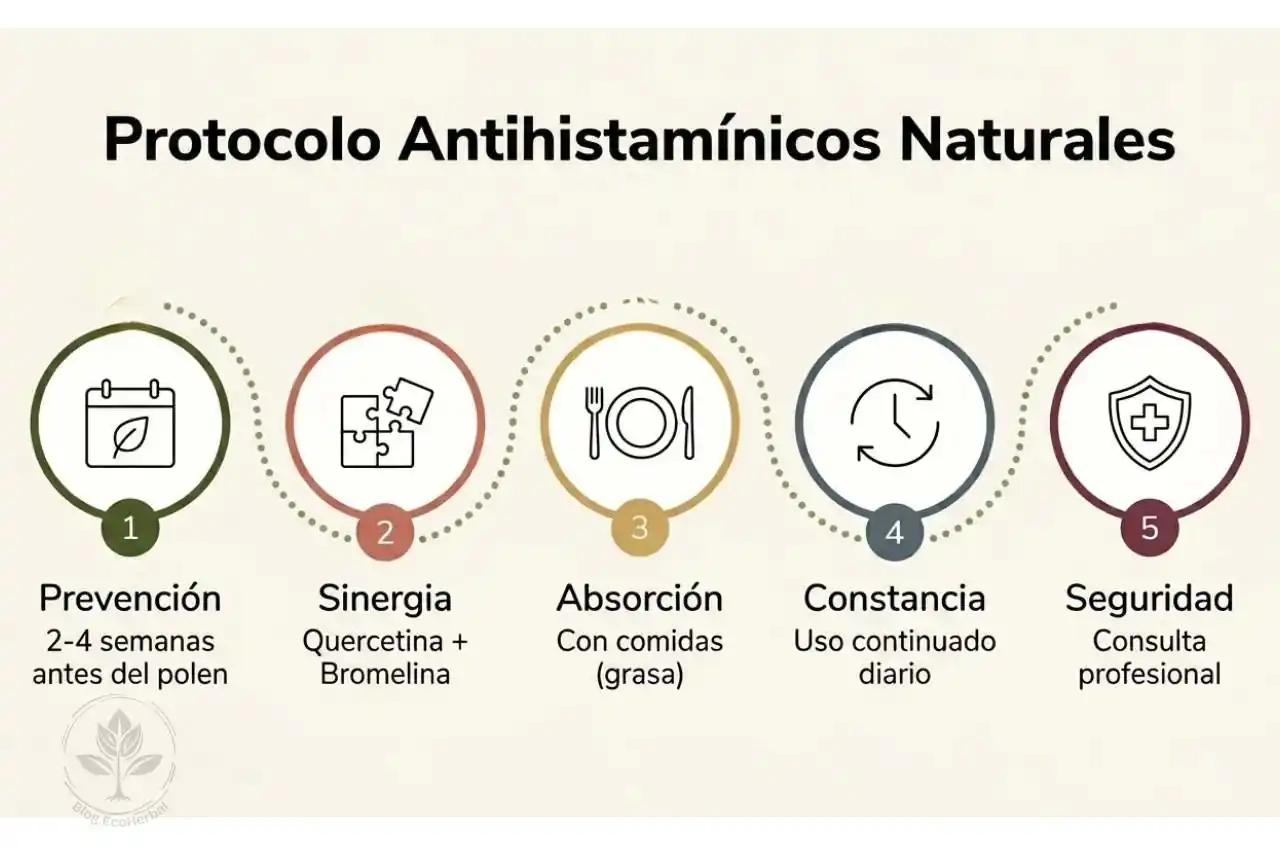 Infografía con los 5 pasos del protocolo de antihistamínicos naturales: prevención, sinergia, absorción, constancia y seguridad