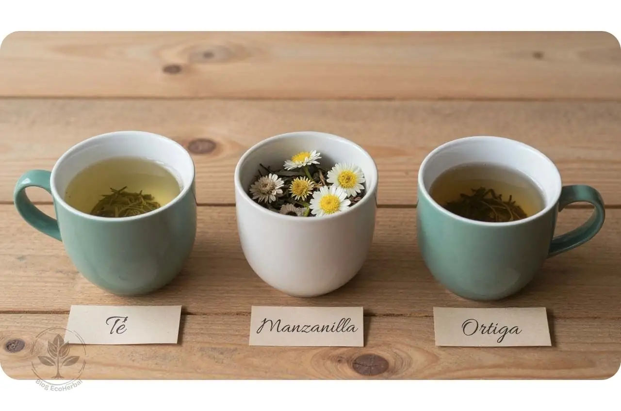 Tazas de infusiones naturales como té verde y manzanilla, junto a probióticos para el bienestar intestinal y alérgico