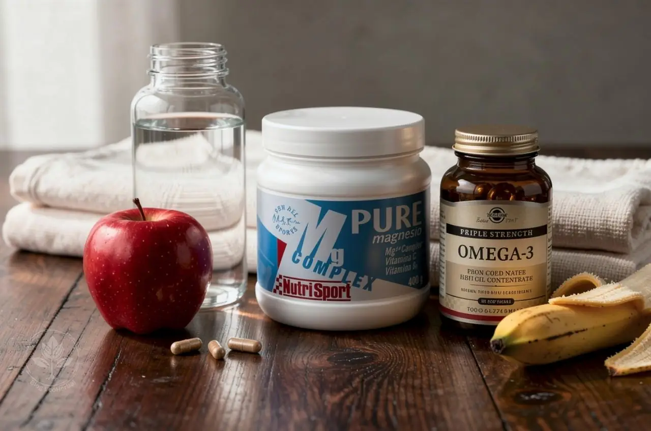 Suplementos de magnesio y omega-3 para la recuperación muscular post-entrenamiento.