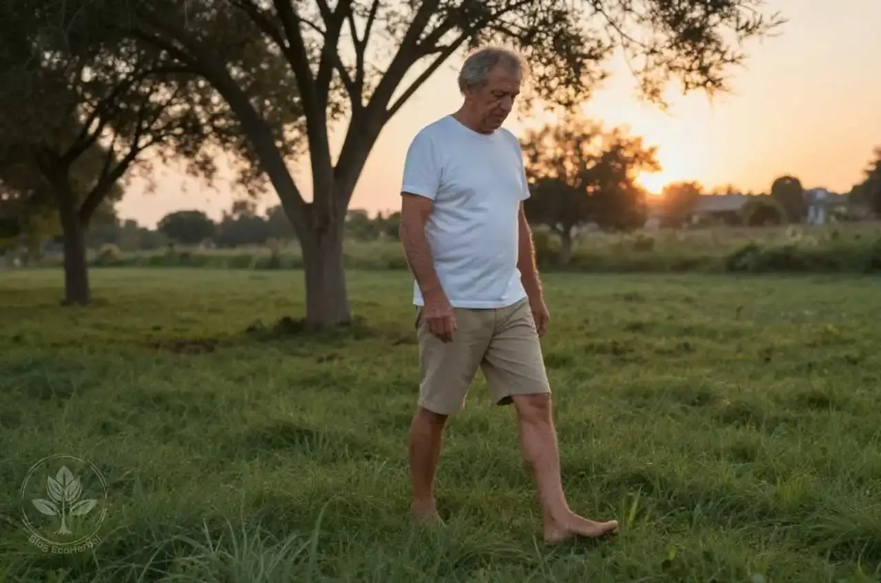 Alivio Natural para Piernas Cansadas — También para Ellos- Hombre caminando descalzo sobre la hierba al atardecer para aliviar la sensación de piernas cansadas.