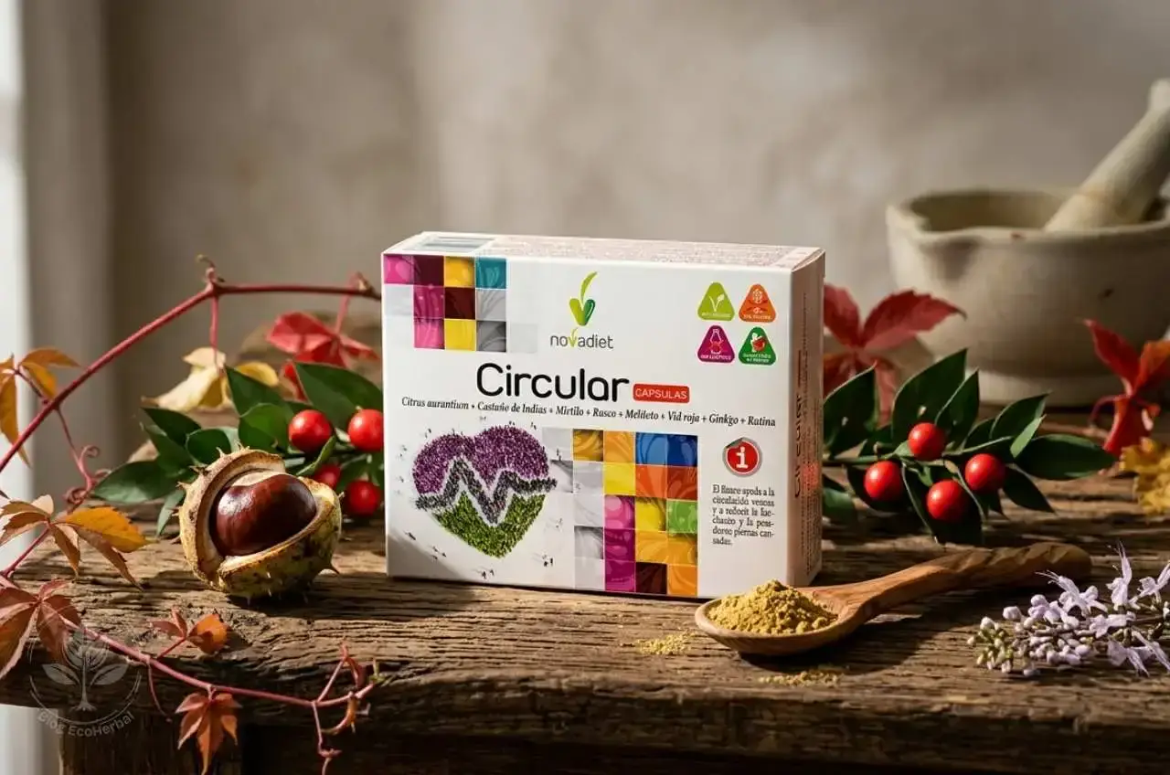 Circular Novadiet — Ingredientes Naturales para la Circulación- Envase de Circular Novadiet rodeado de castaño de indias, rusco, vid roja y ortosifón sobre mesa de madera.