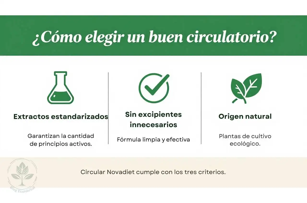 Cómo Elegir un Suplemento para la Circulación — EcoHerbal nfografía con tres claves para elegir un buen suplemento para la circulación: extractos estandarizados, sin excipientes y origen natural.