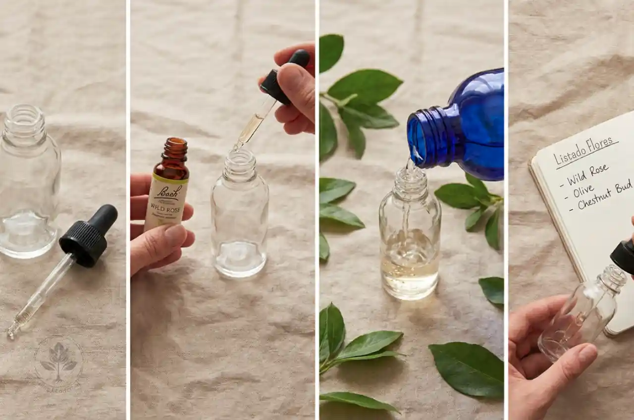 Cómo Preparar tu Fórmula de Flores de Bach Guía visual paso a paso de cómo preparar un frasco de tratamiento de Flores de Bach usando pipeta de cristal y agua mineral