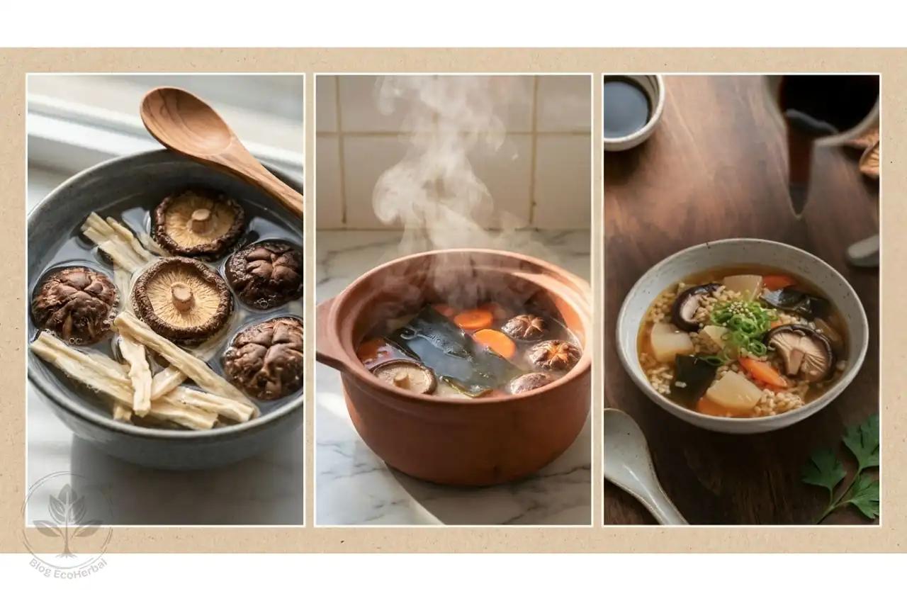 Pasos para preparar el caldo macrobiótico anti-alergias con shiitake y daikon.