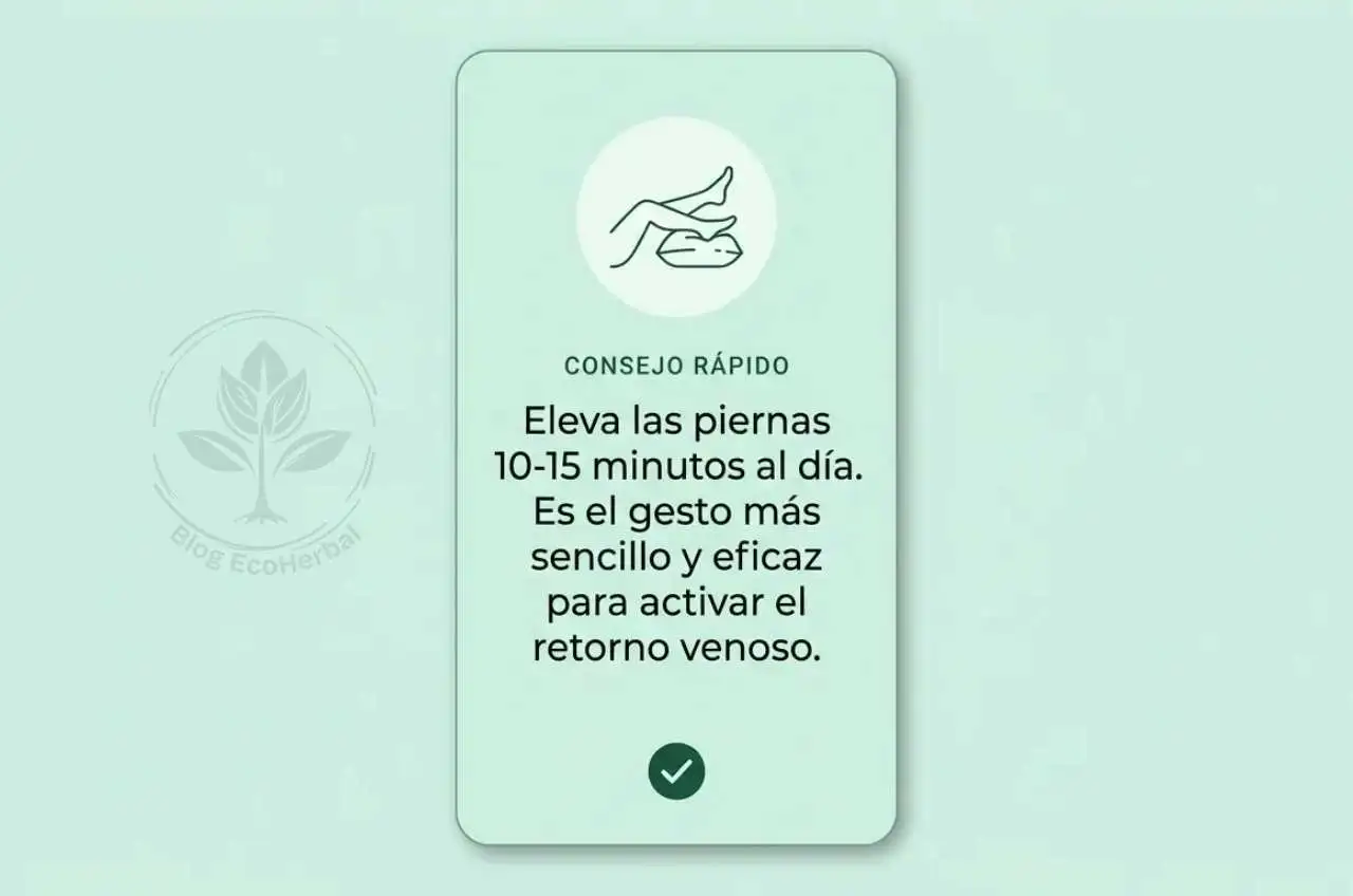 Consejo Práctico para Piernas Cansadas — EcoHerbal Consejo visual: elevar las piernas 10-15 minutos al día para mejorar la circulación sanguínea.