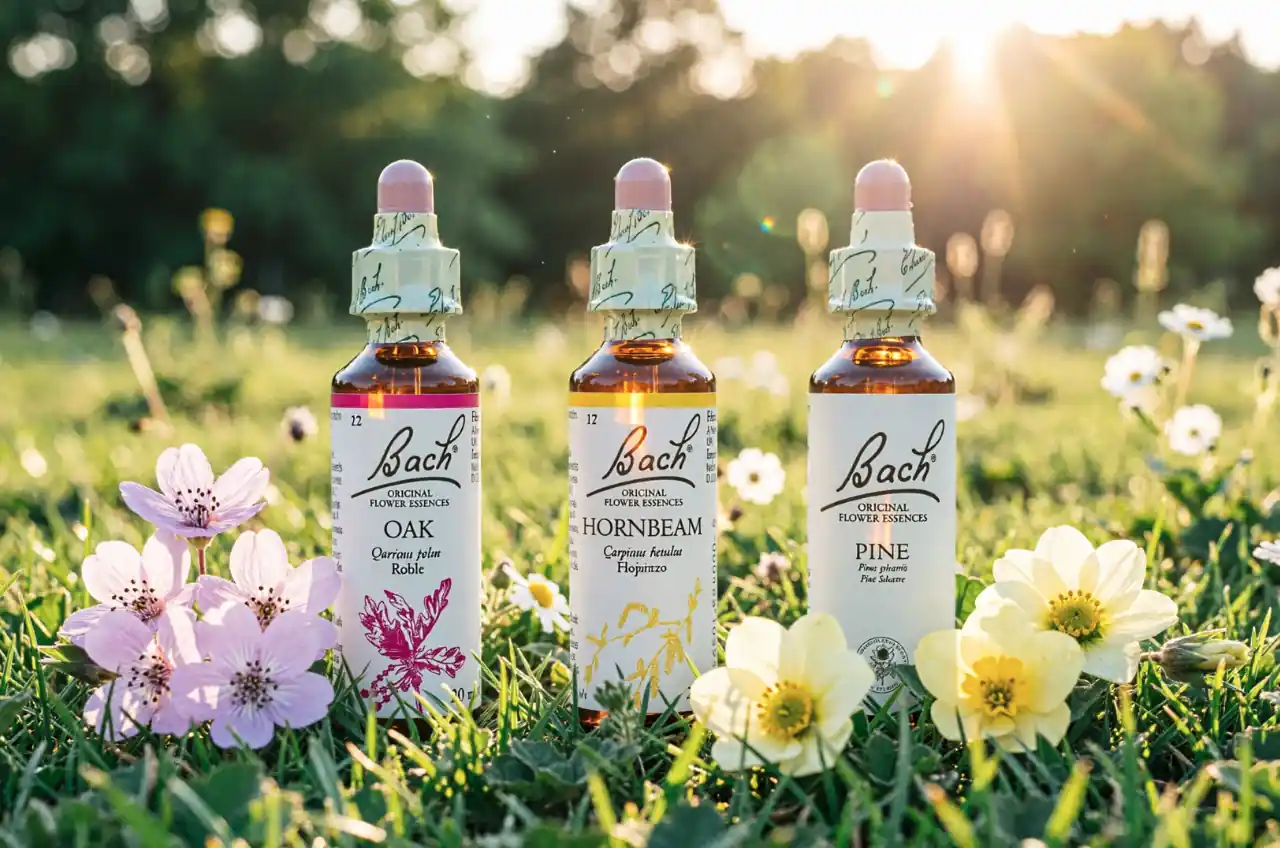 Esencias de Flores de Bach en la Naturaleza – Calma y Pureza Primer plano de frascos de cristal de Flores de Bach reposando en un campo natural, transmitiendo paz, tranquilidad y un enfoque artesanal