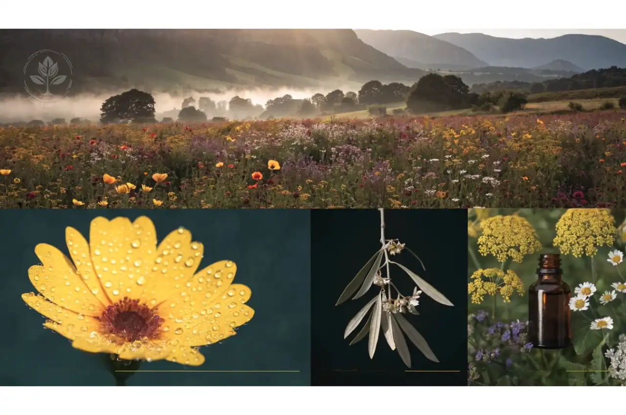 Flores de Bach en la Naturaleza – Sus Emociones y Esencias Collage de flores de Bach en su entorno natural mostrando Mimulus, Aspen, Clematis, Rock Rose y Olive