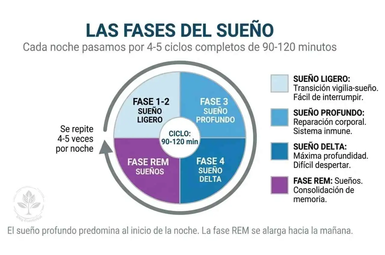 Las Fases del Sueño – Infografía Educativa – EcoHerbal Infografía educativa con círculo dividido en cuatro fases del sueño: sueño ligero, sueño profundo, sueño delta y fase REM, con leyenda explicativa.