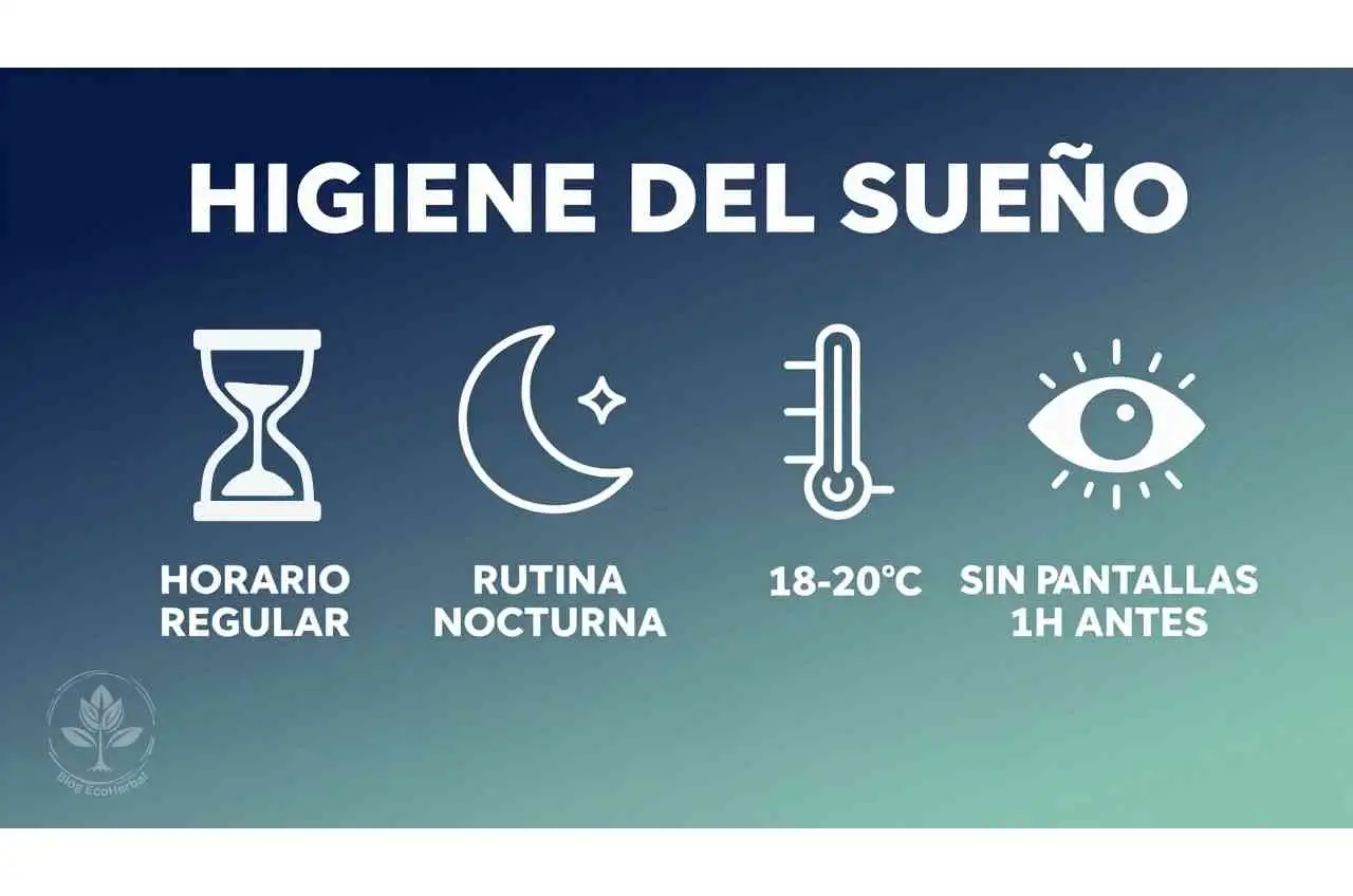 Los 4 Pilares de la Higiene del Sueño – Infografía – EcoHerbal Infografía con cuatro pilares de la higiene del sueño: horario regular, rutina nocturna, temperatura 18-20°C y evitar pantallas una hora antes.