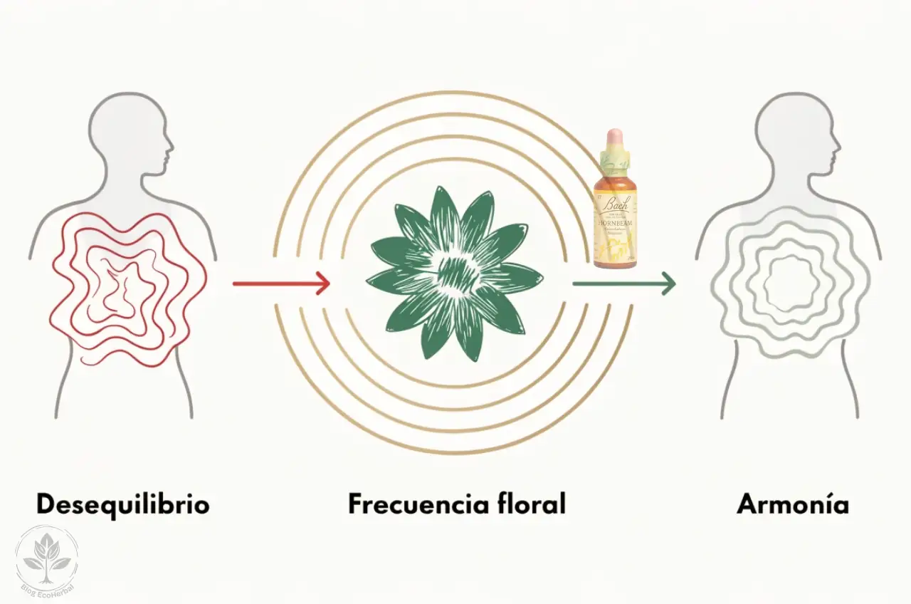 Mecanismo de Acción Vibracional de las Flores de Bach Infografía que explica cómo las Flores de Bach funcionan afinando las emociones, pasando del desequilibrio y el caos a la armonía y la calma