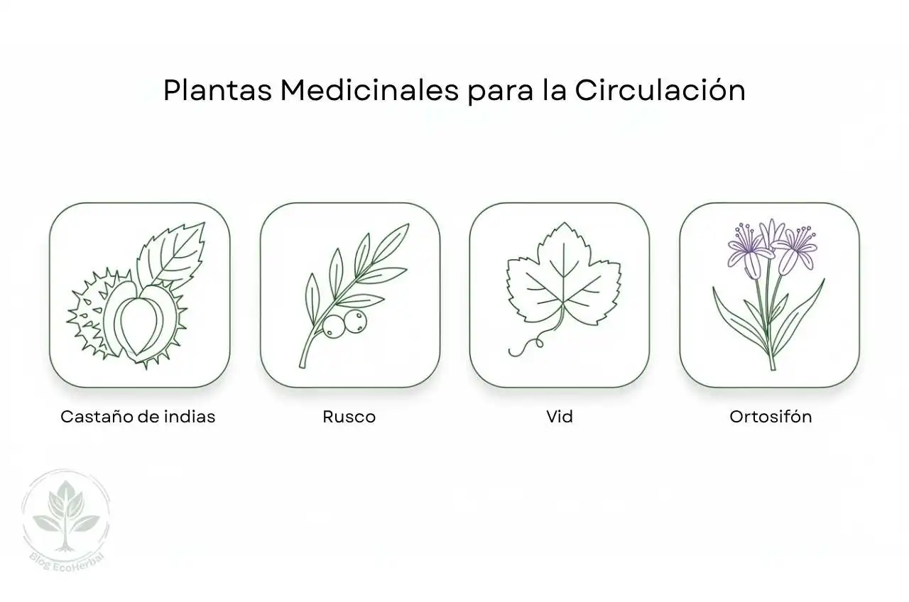 Plantas Medicinales para la Circulación — EcoHerbal Conjunto de cuatro iconos de plantas medicinales: castaño de indias, rusco, vid roja y ortosifón.
