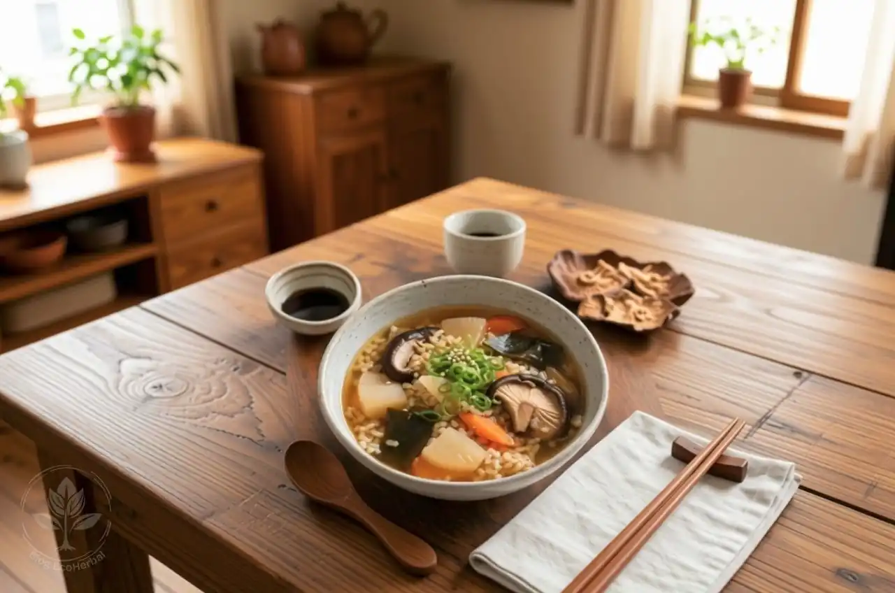 Caldo macrobiótico anti-alergias con shiitake, daikon y kombu para depurar el hígado.