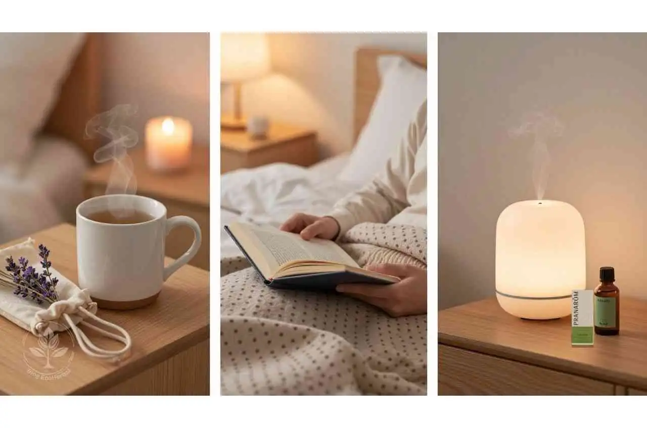 Rutina Nocturna para un Sueño Reparador – EcoHerbal Collage de tres imágenes de una rutina nocturna relajante: infusión de manzanilla, lectura en la cama y difusor de aromaterapia con lavanda.