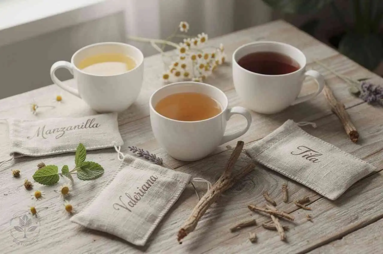 Selección de Infusiones Naturales para el Sueño – EcoHerbal Tres tazas de infusiones para dormir (manzanilla, tila y valeriana) sobre una mesa de madera con flores secas y bolsas de tela.
