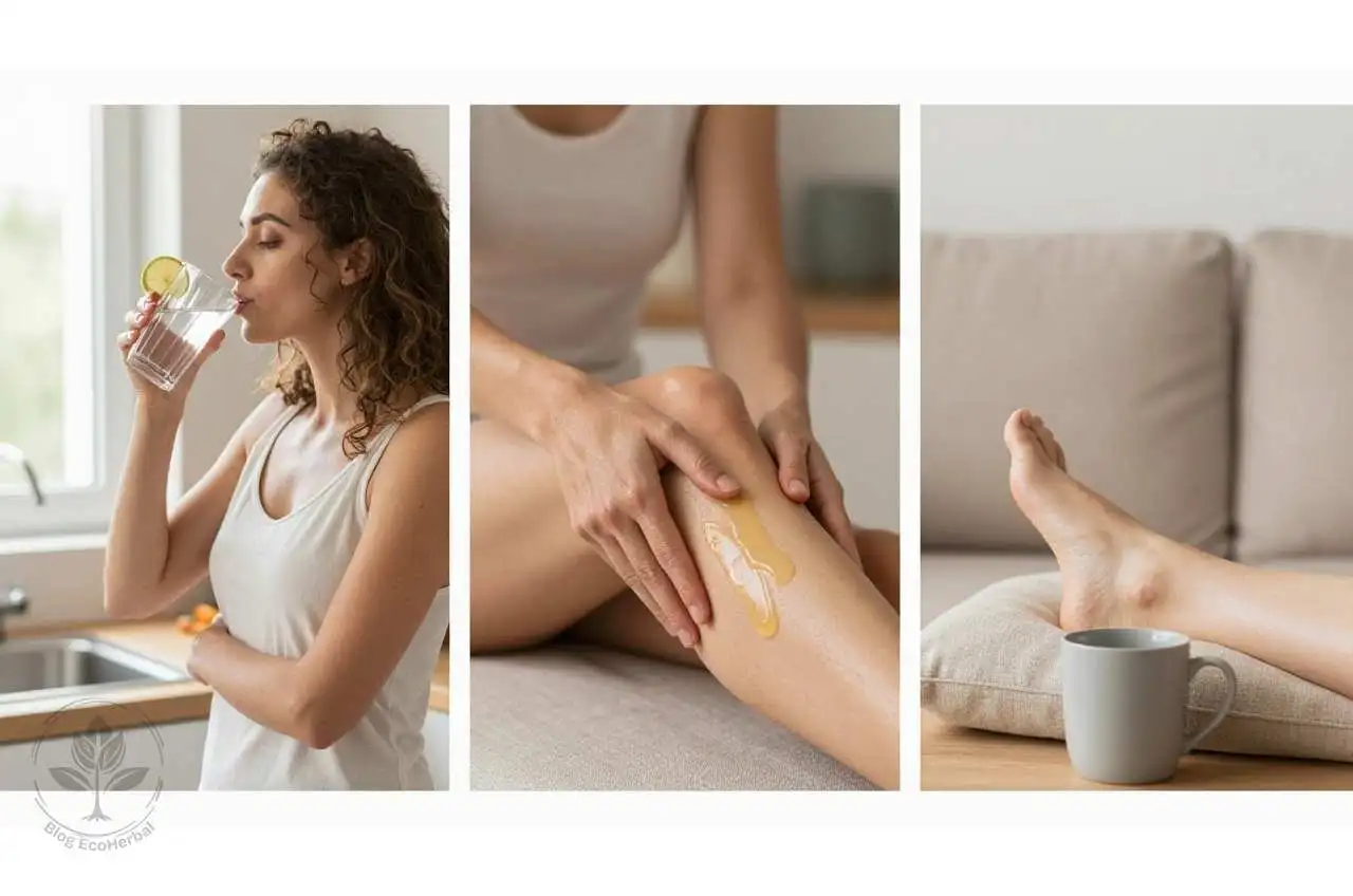 Tres Hábitos Clave para Mejorar la Circulación — EcoHerbal Collage de tres hábitos para aliviar piernas cansadas: beber agua, masaje en tobillos y elevar las piernas.